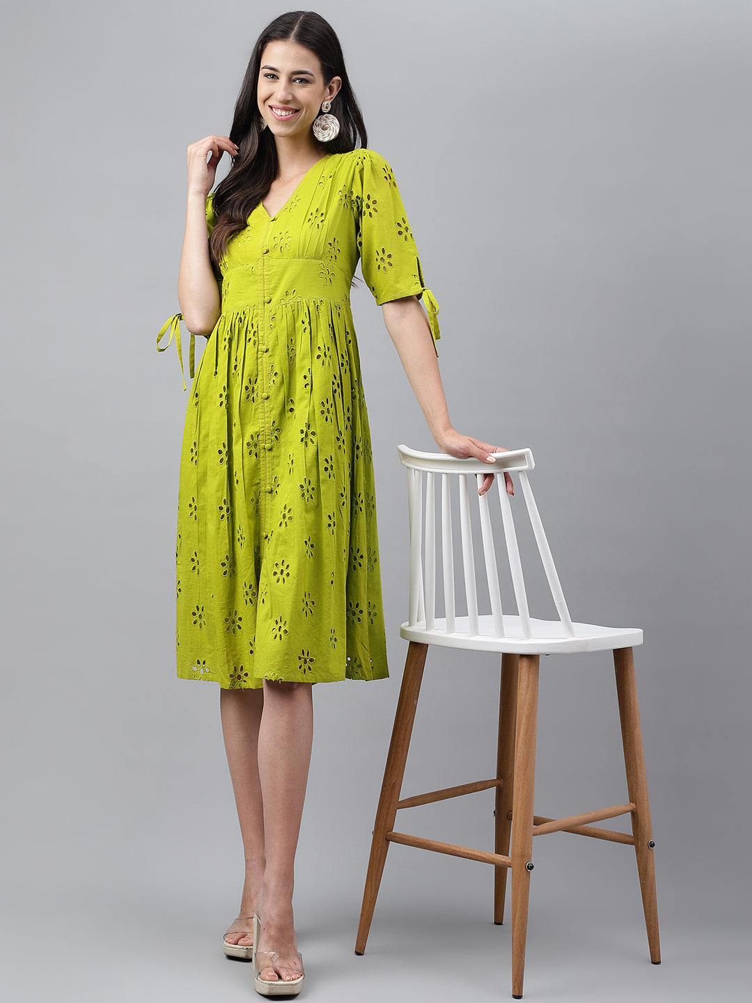 Lime Green Cotton Schiffli Flared Western Dress