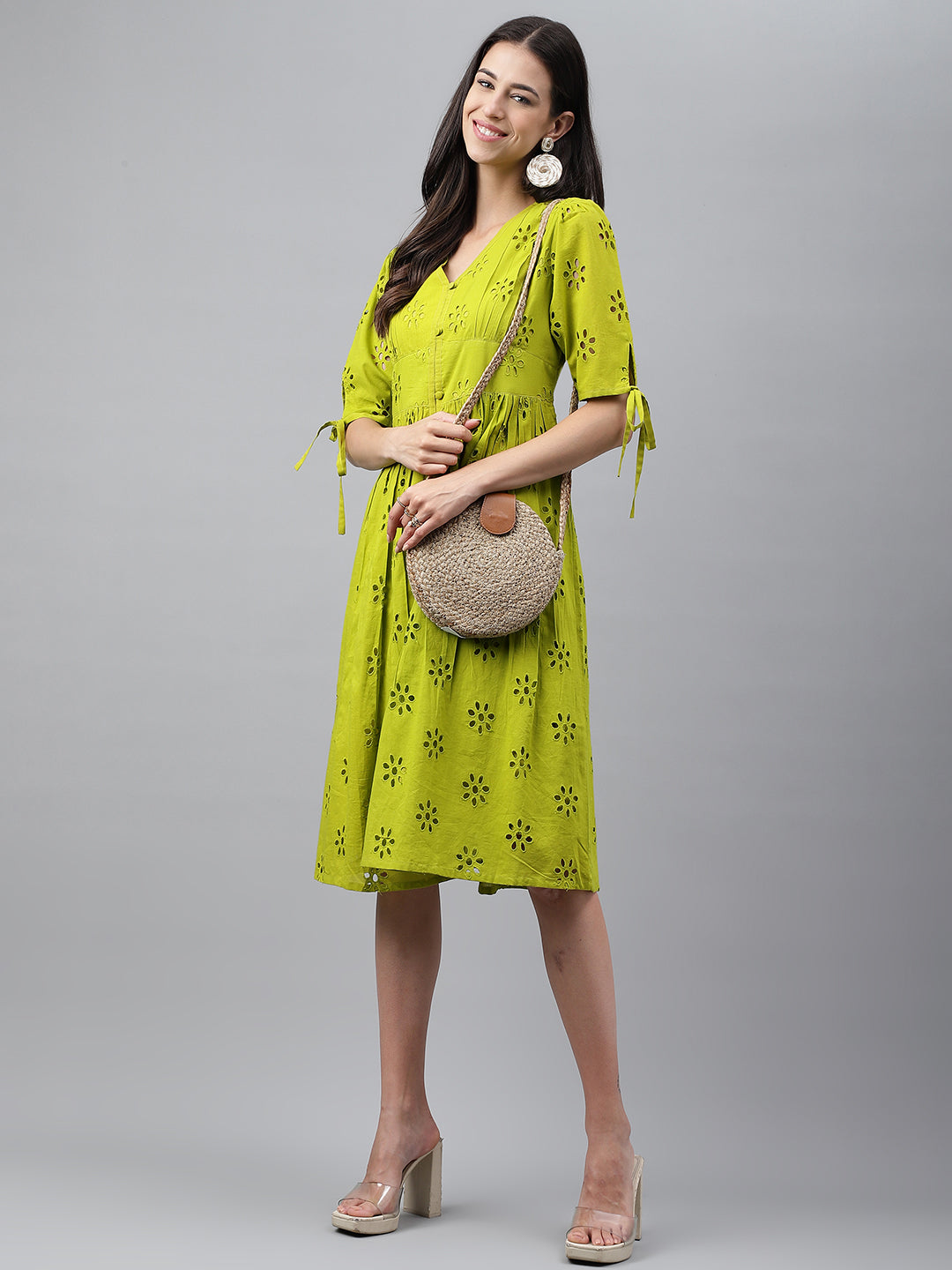 Lime Green Cotton Schiffli Flared Western Dress