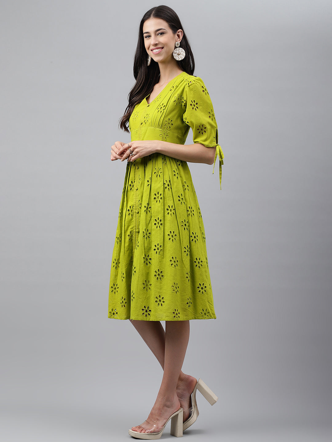 Lime Green Cotton Schiffli Flared Western Dress