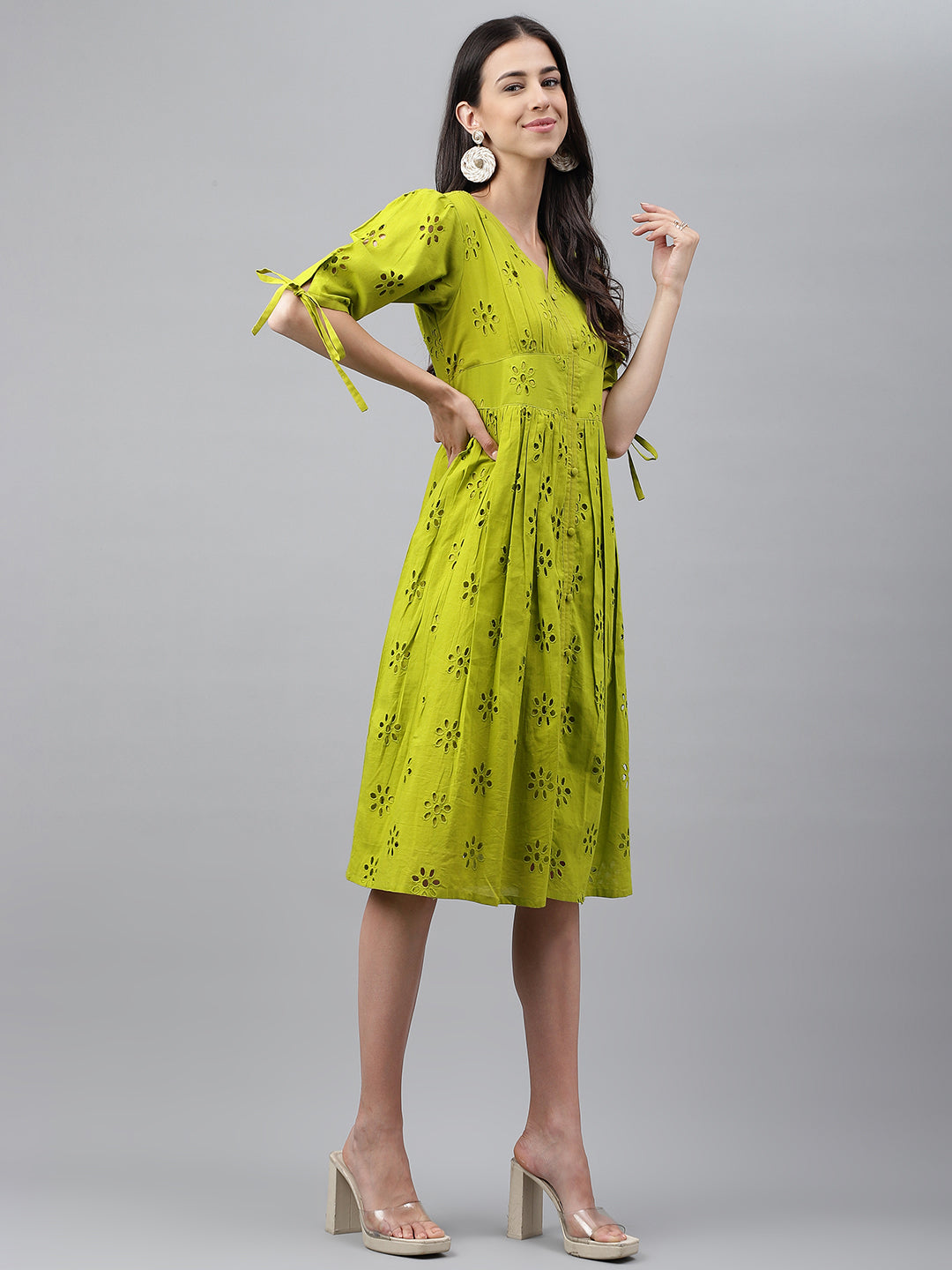 Lime Green Cotton Schiffli Flared Western Dress