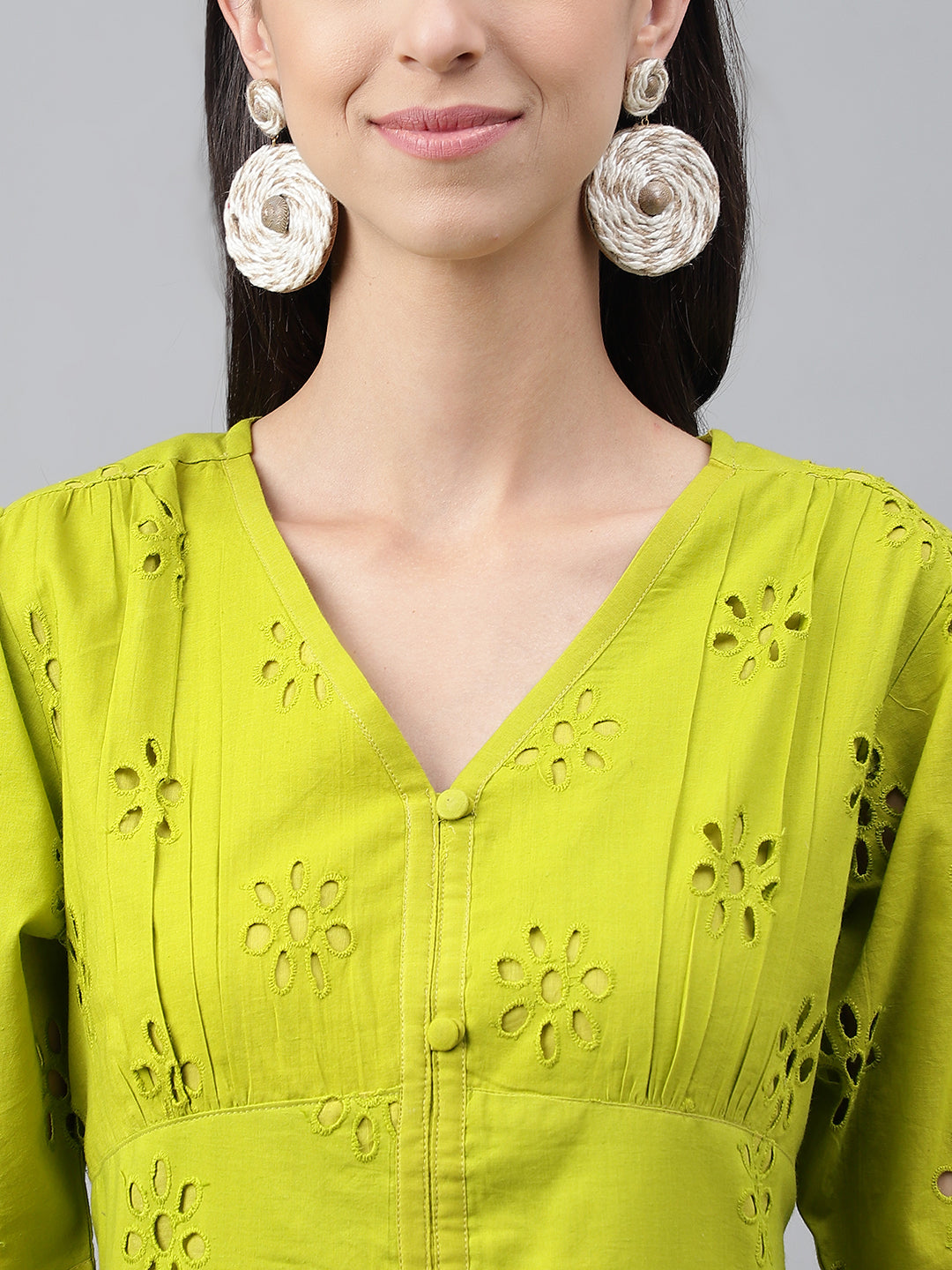 Lime Green Cotton Schiffli Flared Western Dress