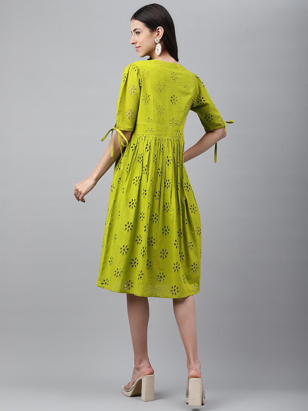 Lime Green Cotton Schiffli Flared Western Dress