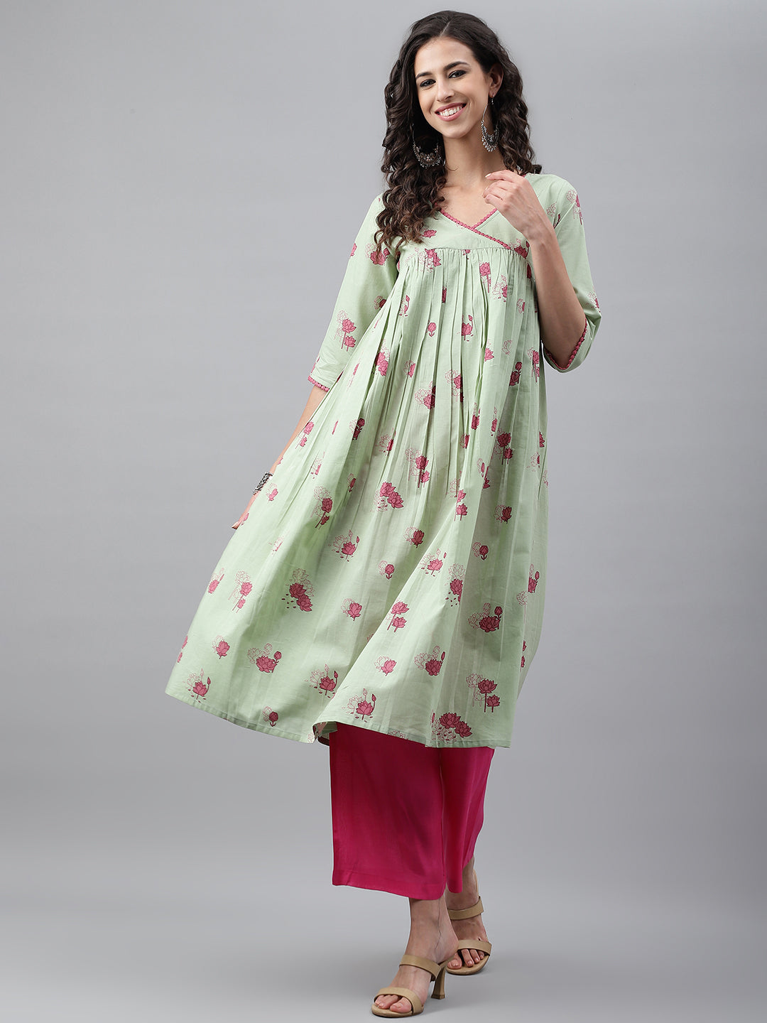 Light Green Cotton Floral Printed Flared Kurta