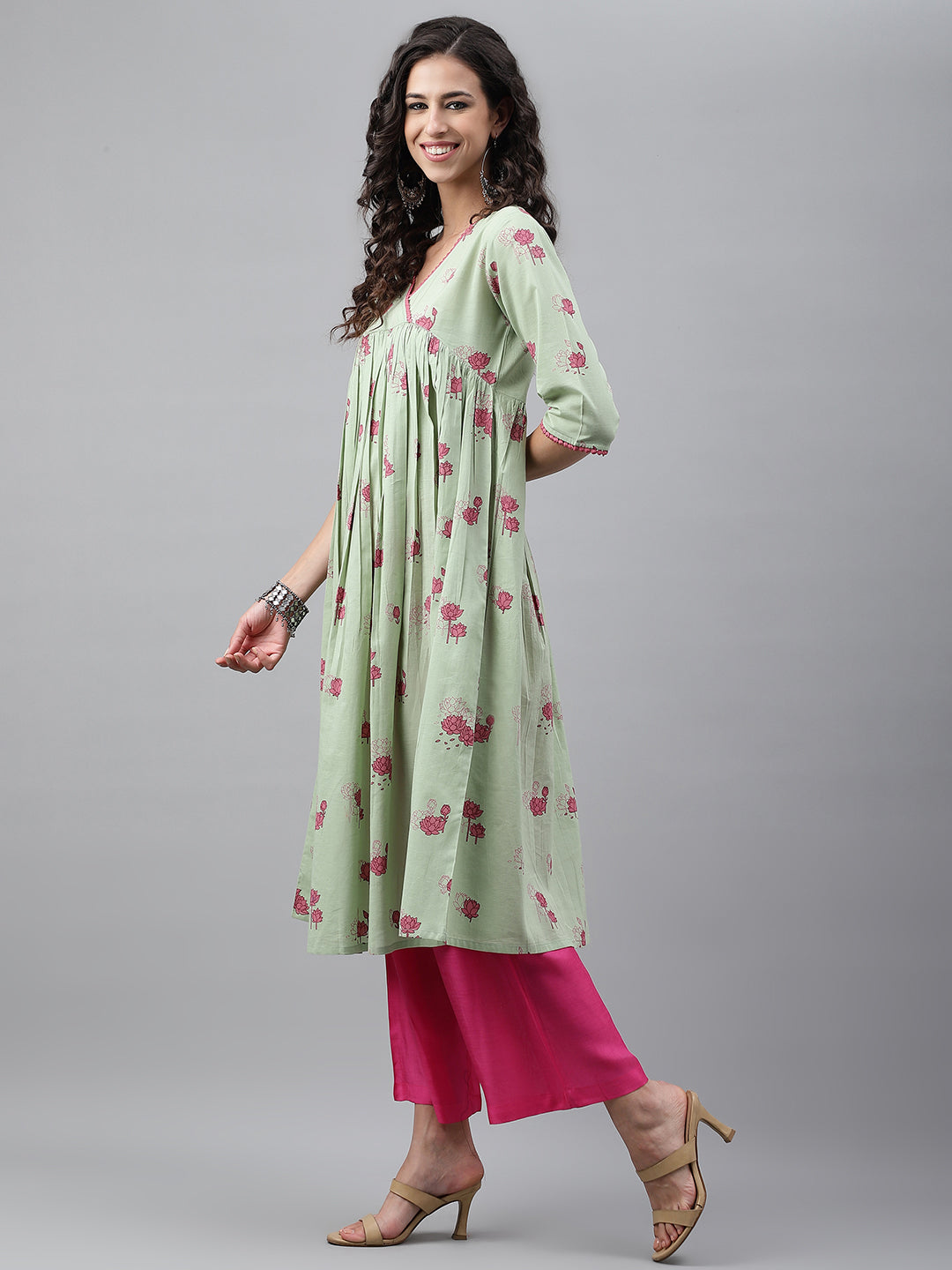 Light Green Cotton Floral Printed Flared Kurta