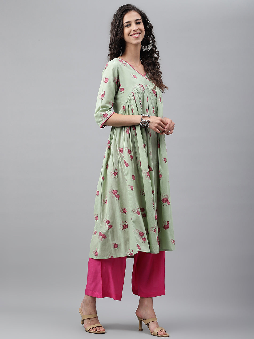 Light Green Cotton Floral Printed Flared Kurta