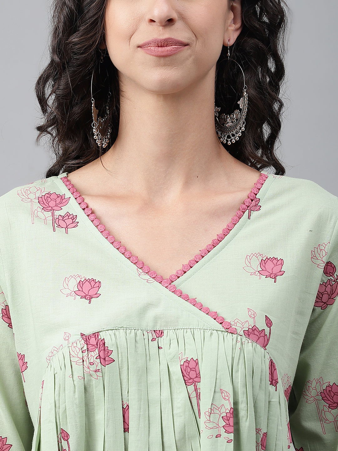 Light Green Cotton Floral Printed Flared Kurta