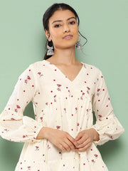 Off White Cambric Cotton Floral Print Gathered Top