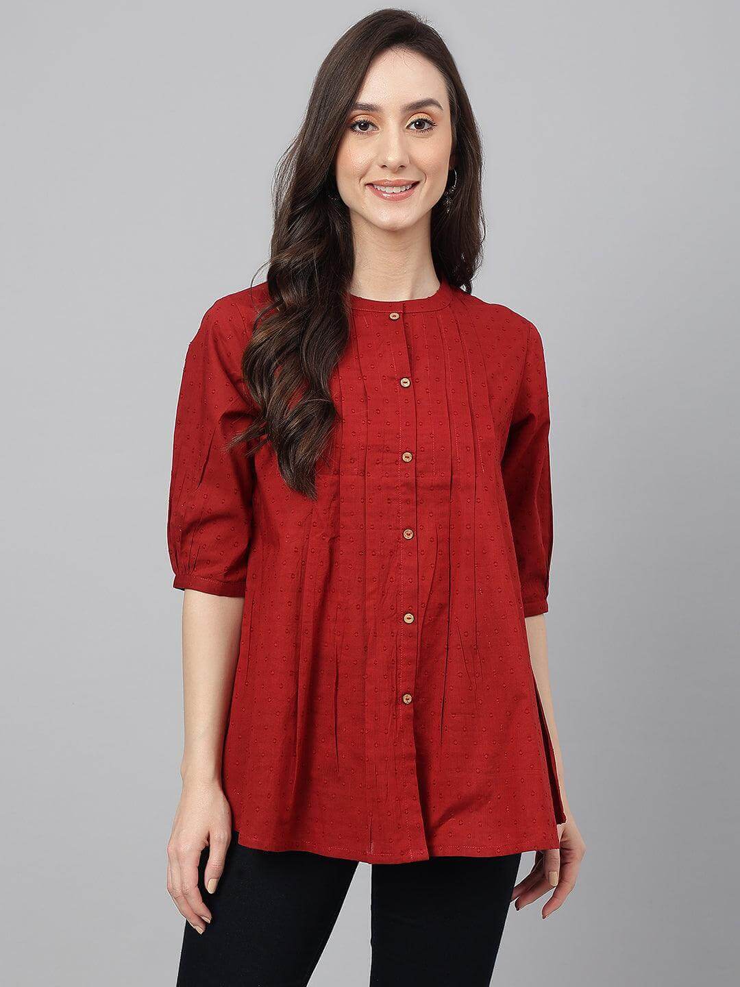 Maroon Cotton Dobby Solid Flared Top