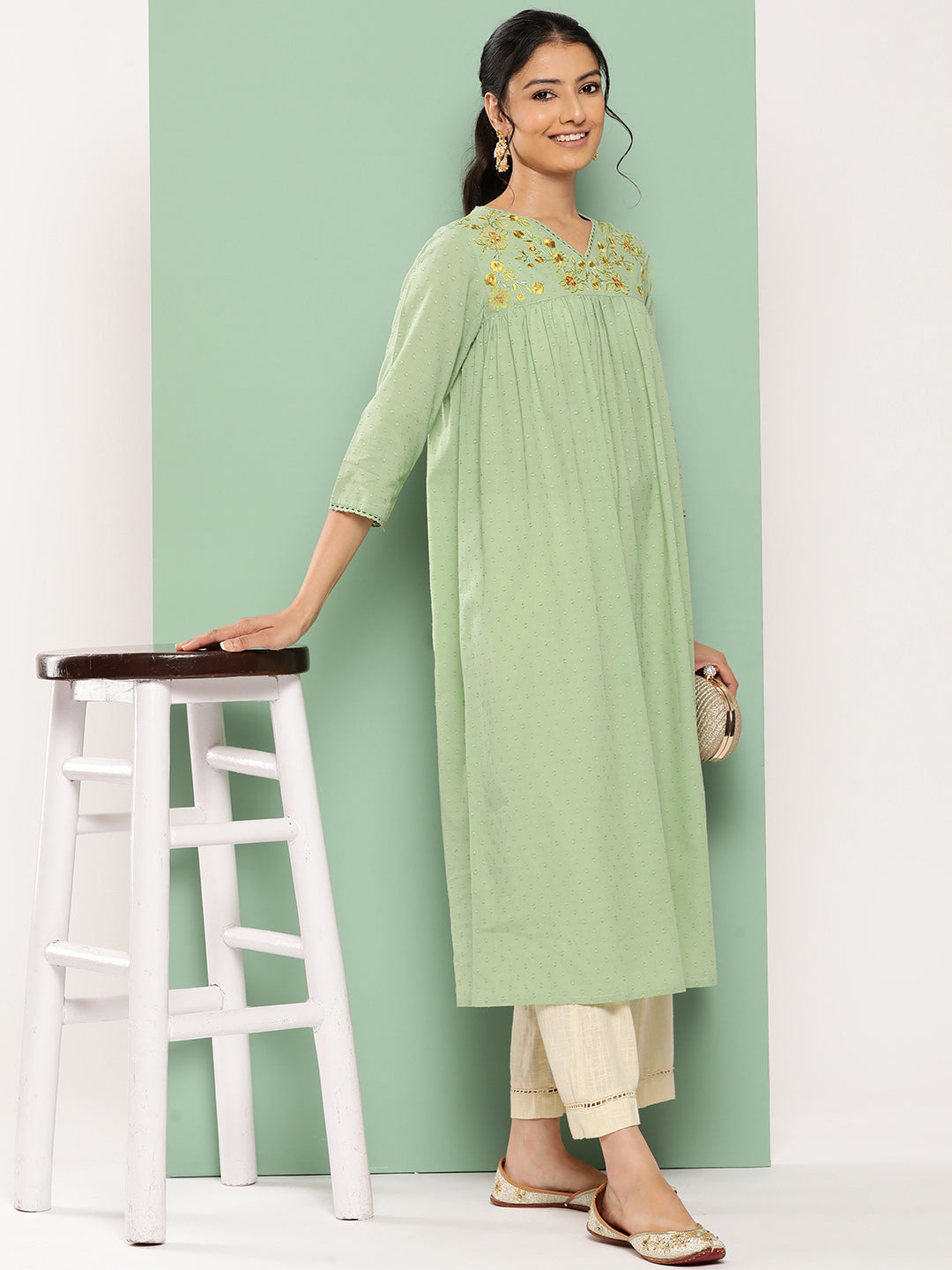 Sage Green Dobby Cotton Solid Empire Kurta