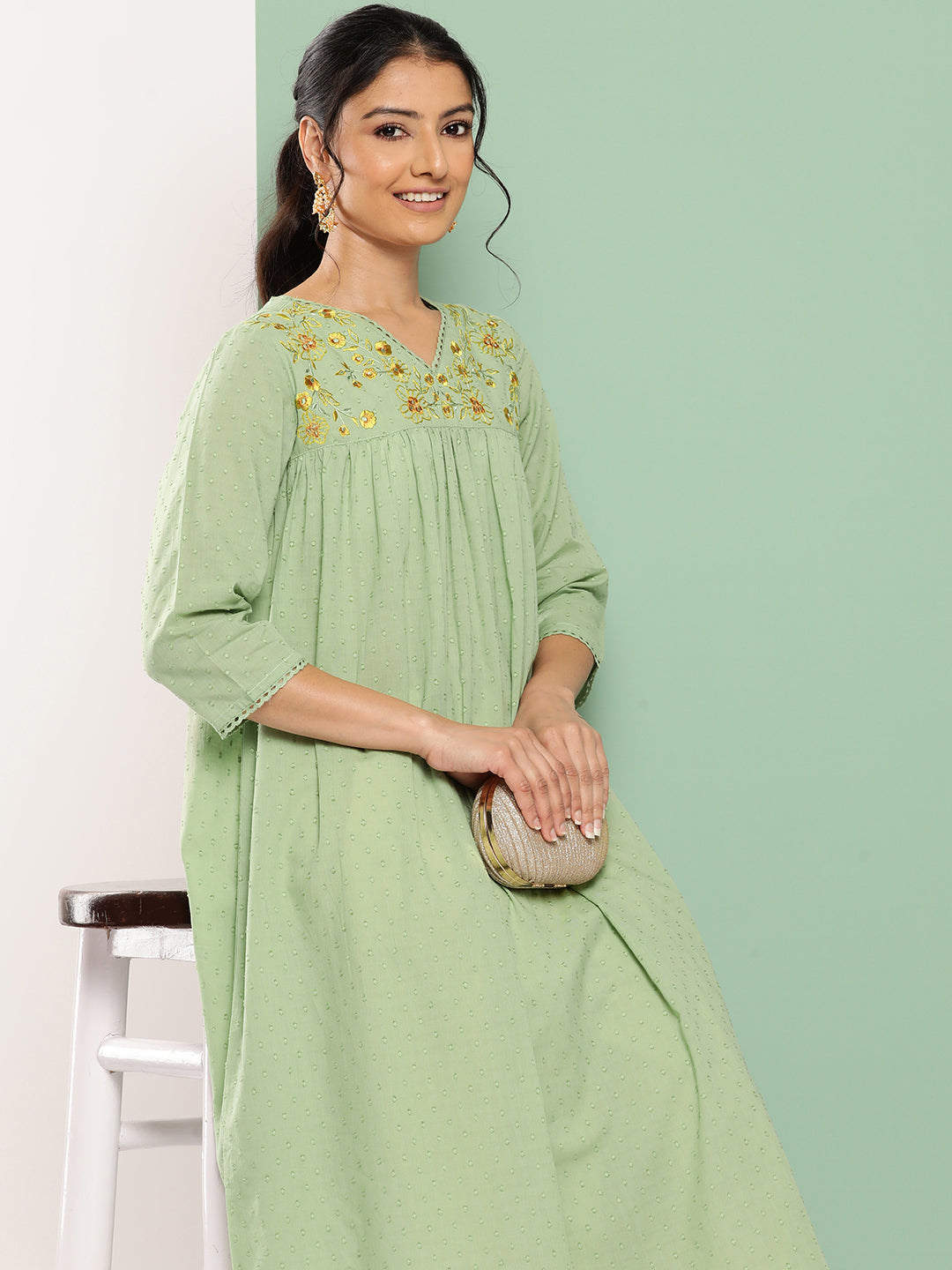 Sage Green Dobby Cotton Solid Empire Kurta