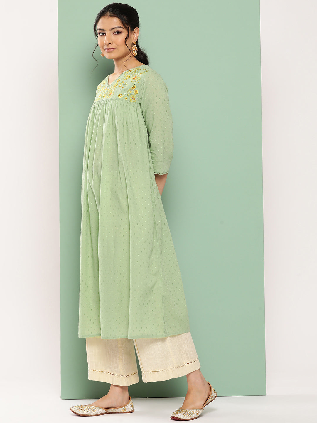 Sage Green Dobby Cotton Solid Empire Kurta