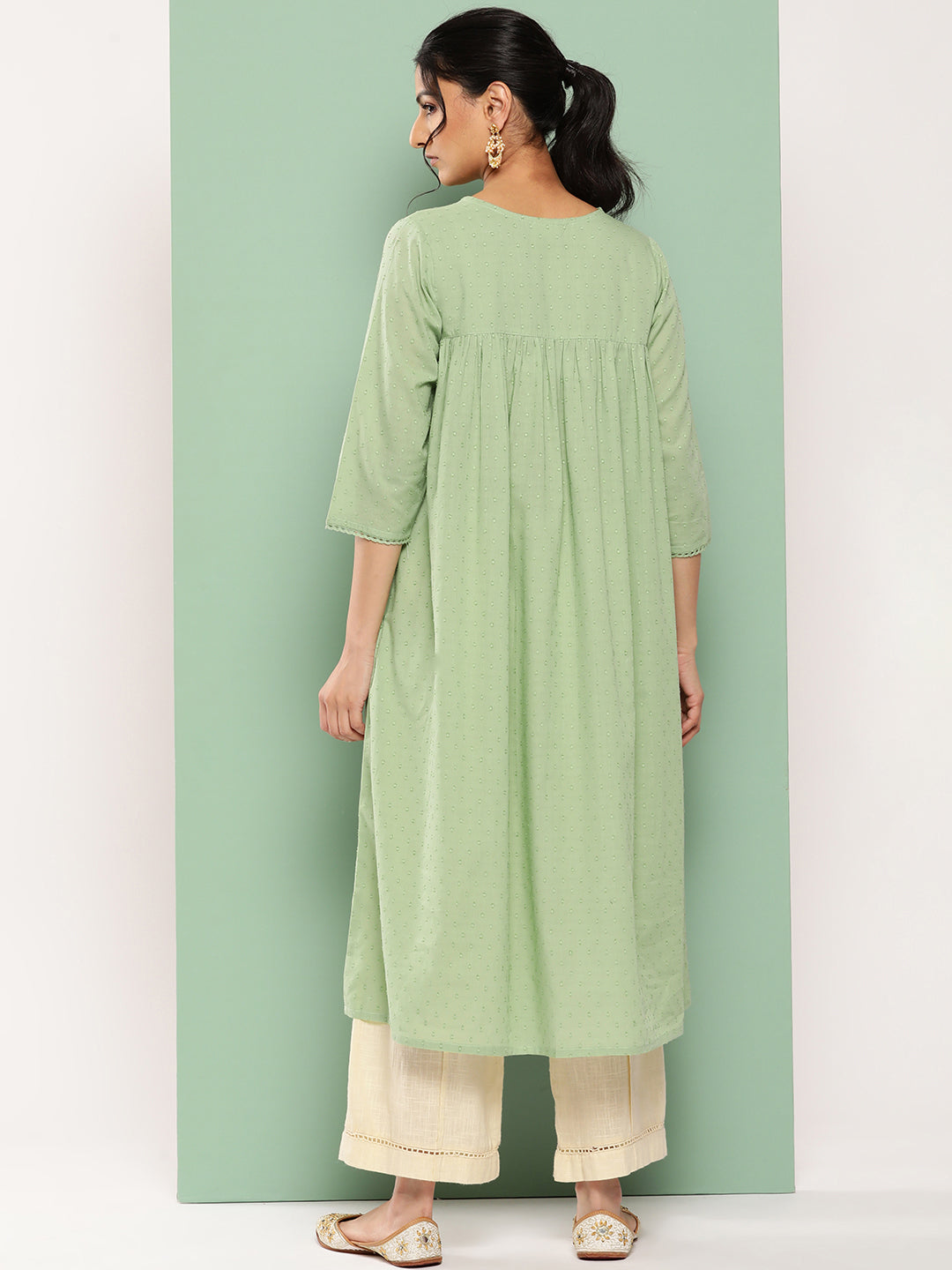 Sage Green Dobby Cotton Solid Empire Kurta