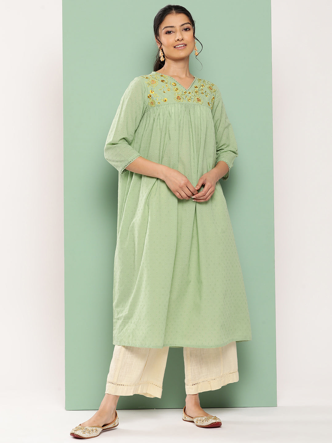 Sage Green Dobby Cotton Solid Empire Kurta