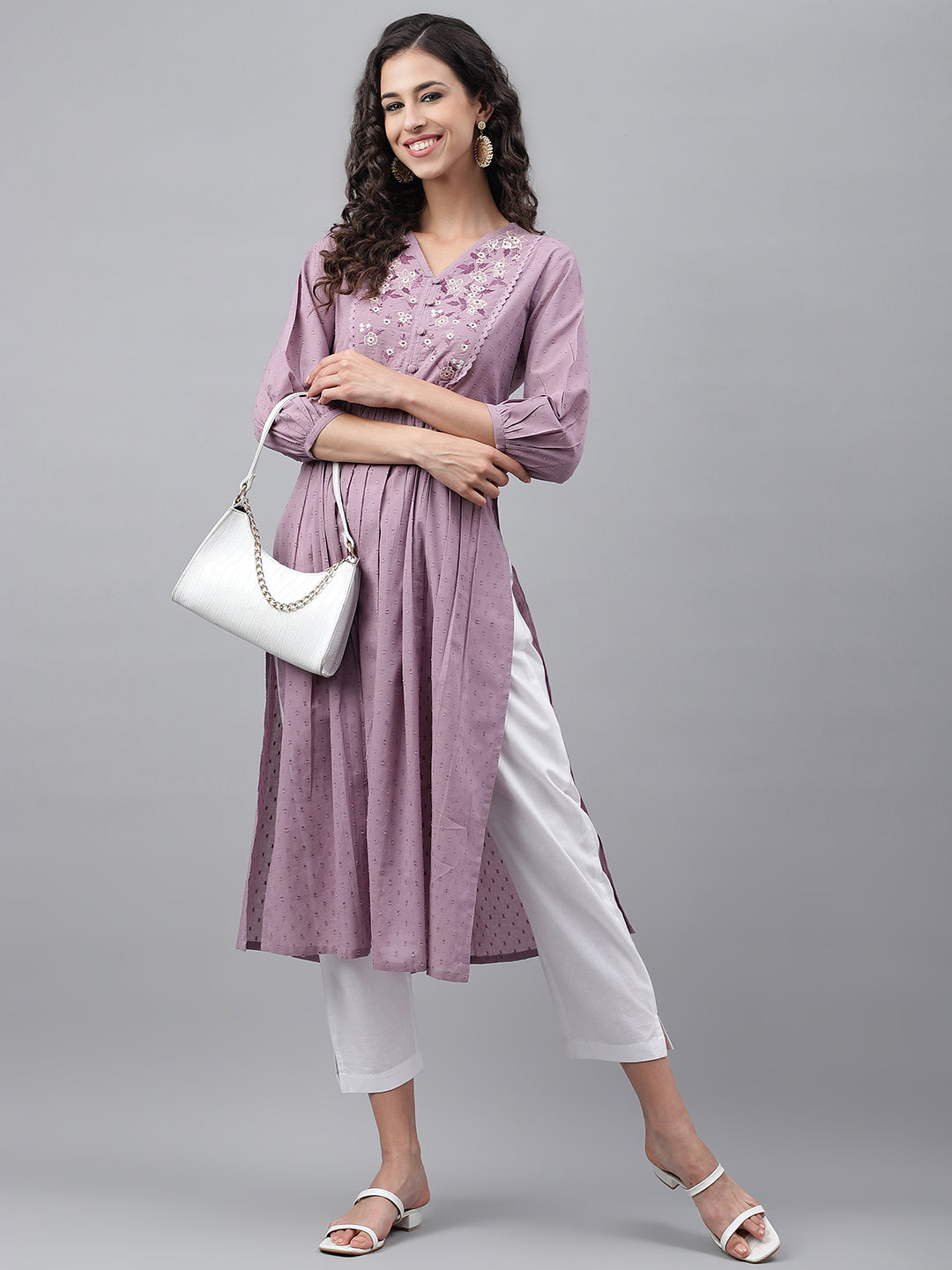 Lavender Dobby Cotton Solid Gathered Kurta