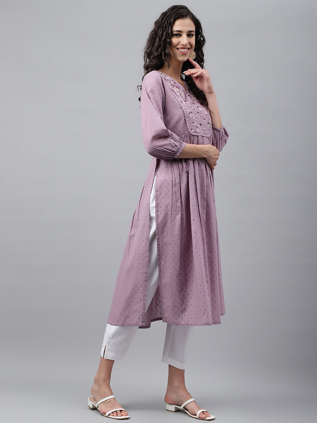 Lavender Dobby Cotton Solid Gathered Kurta