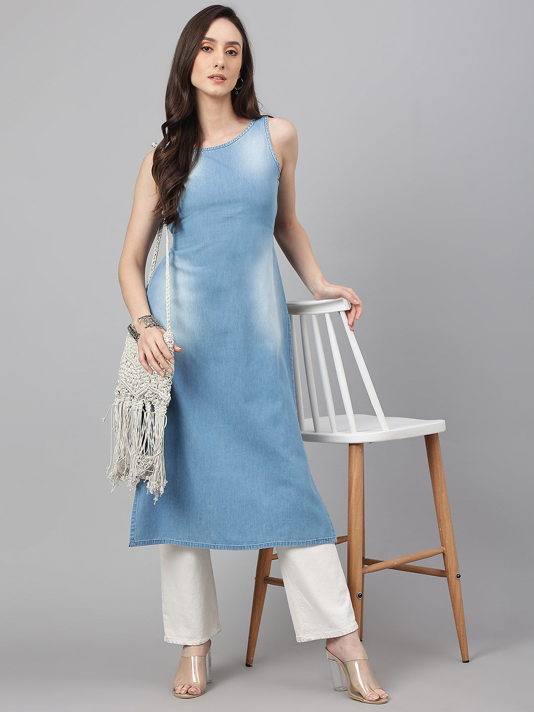 Light Blue Denim Solid Straight Kurta