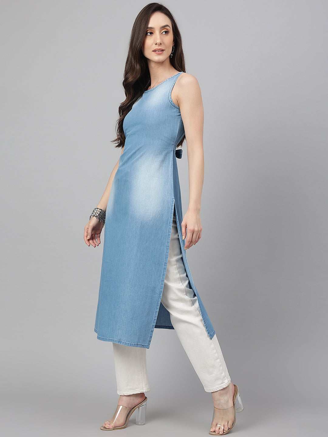 Light Blue Denim Solid Straight Kurta