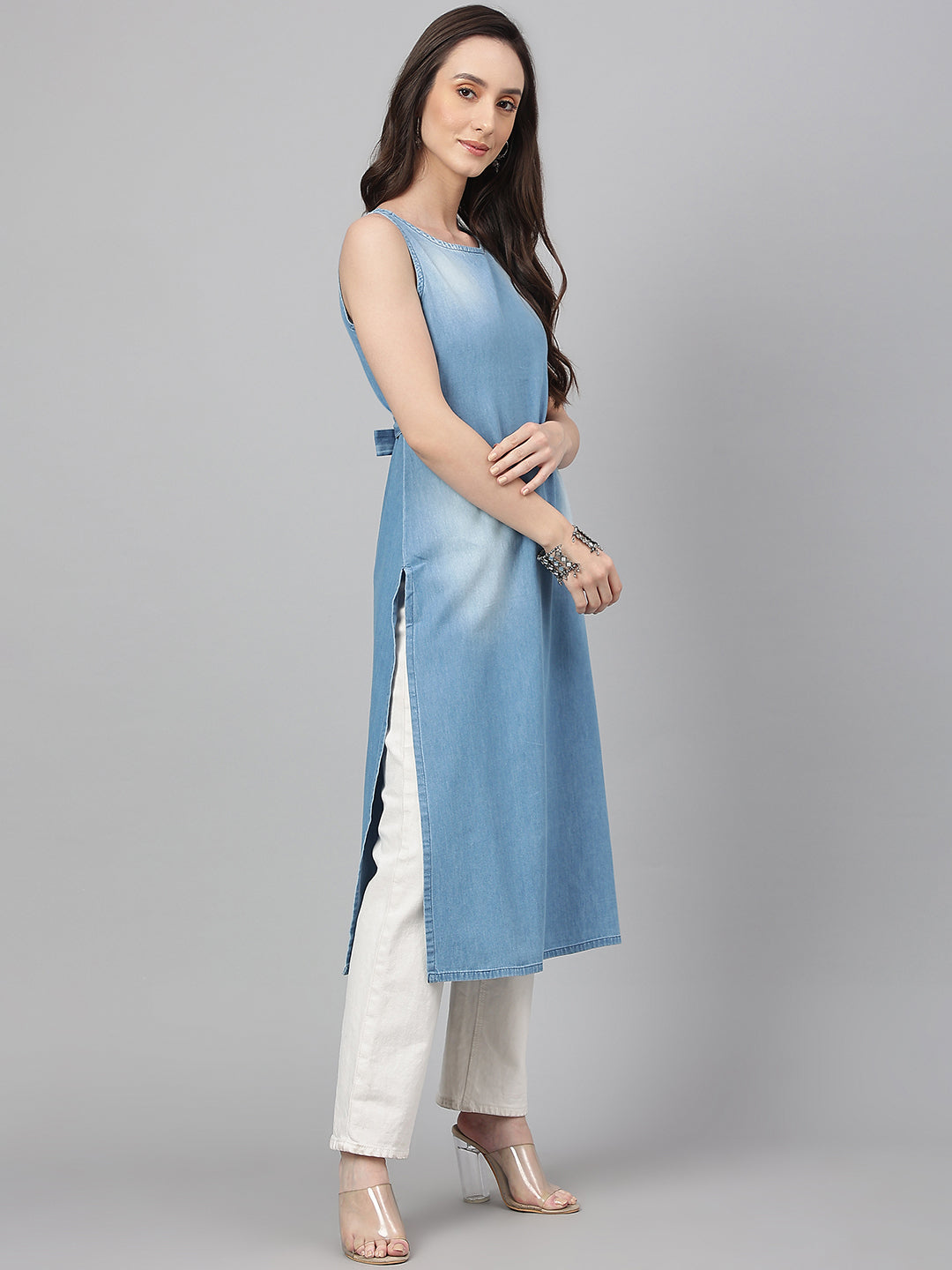 Light Blue Denim Solid Straight Kurta