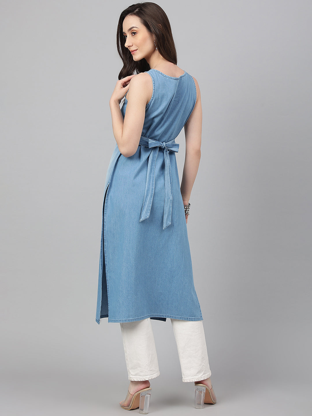 Light Blue Denim Solid Straight Kurta