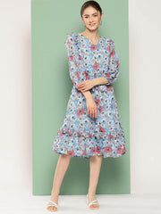 Sky Blue Georgette Digital Printed A Line Dress