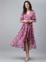 Pink Georgette Digital Printed Wrap Dress