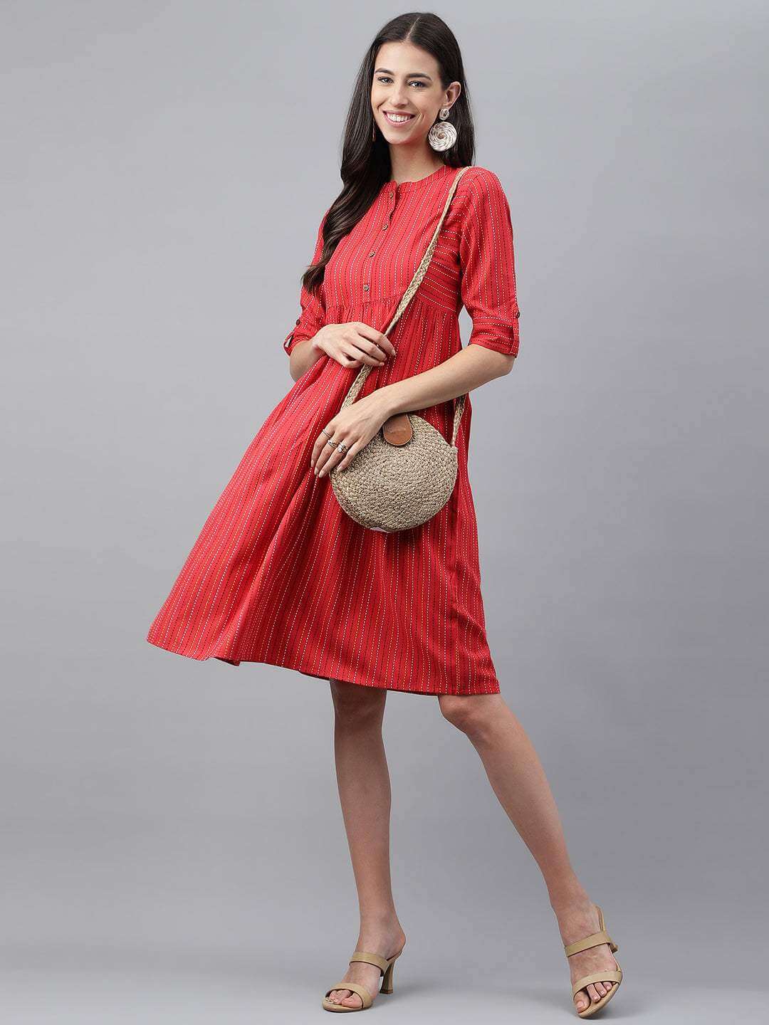 Red Cotton Woven Design Flared Dress
