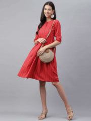 Red Cotton Woven Design Flared Dress
