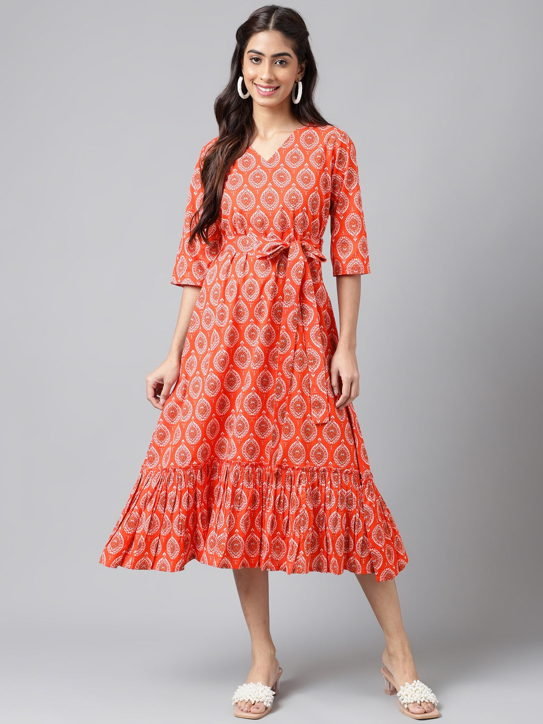 Orange Cotton Ethnic Motifs Printed Ruffled Dress