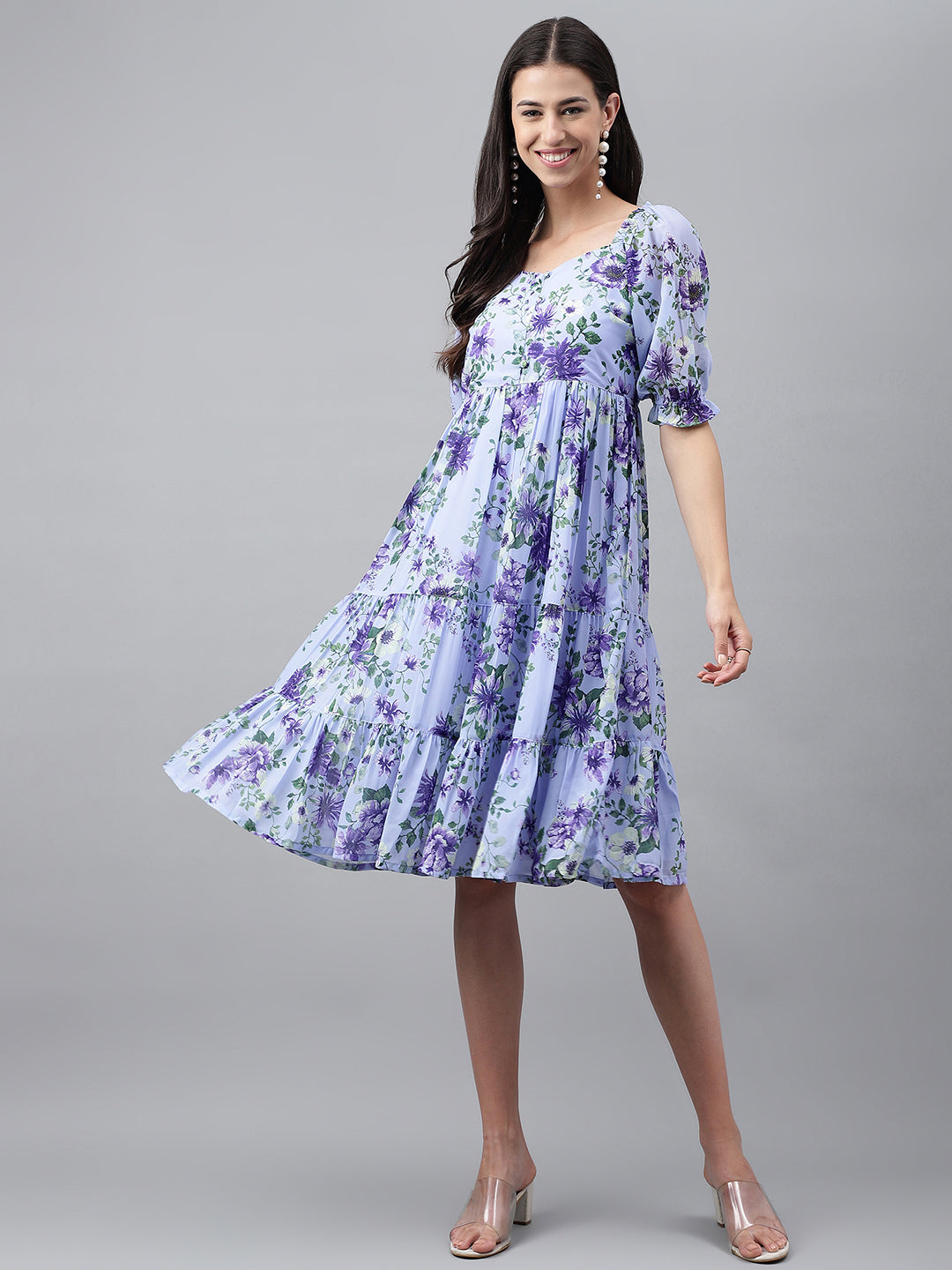 Lavender Georgette Floral Printed Tiered Dress