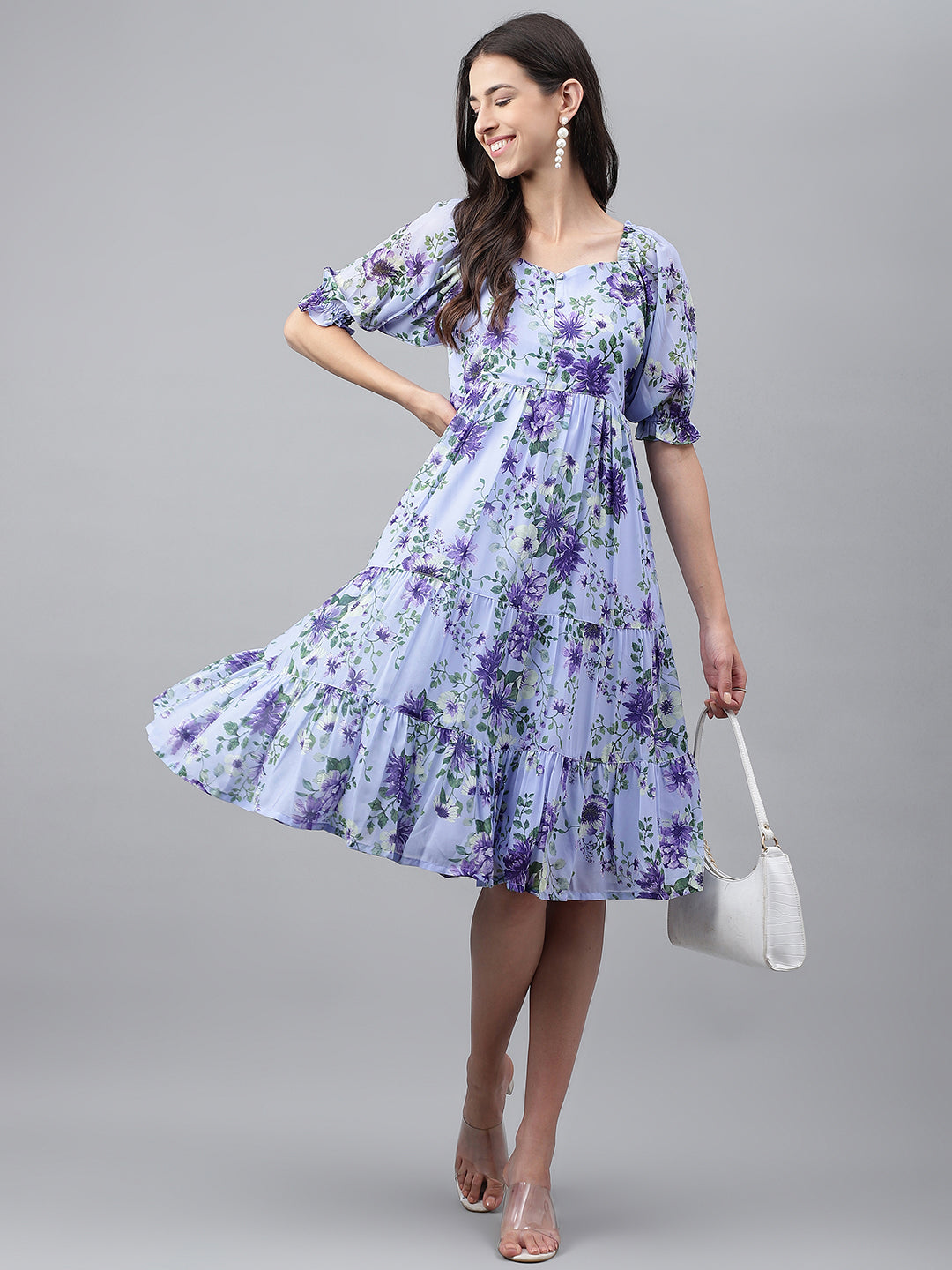 Lavender Georgette Floral Printed Tiered Dress