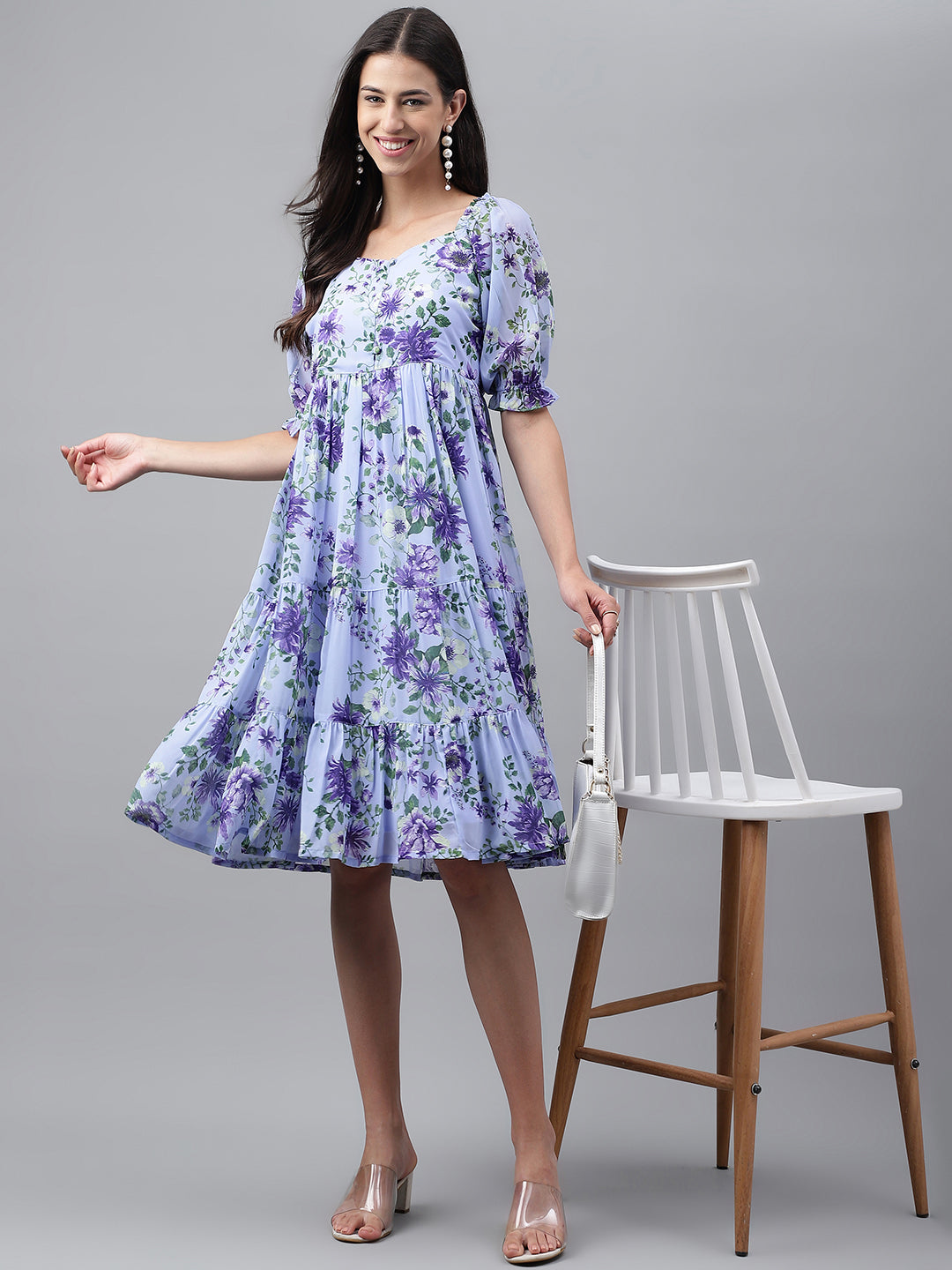 Lavender Georgette Floral Printed Tiered Dress