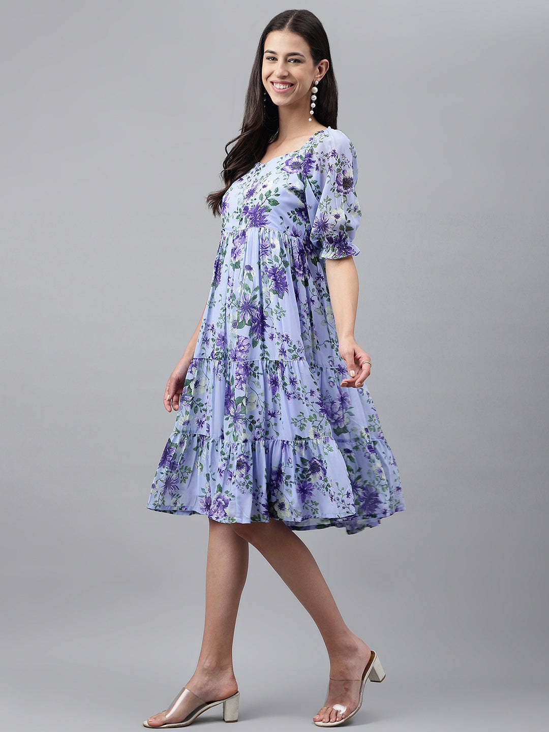 Lavender Georgette Floral Printed Tiered Dress