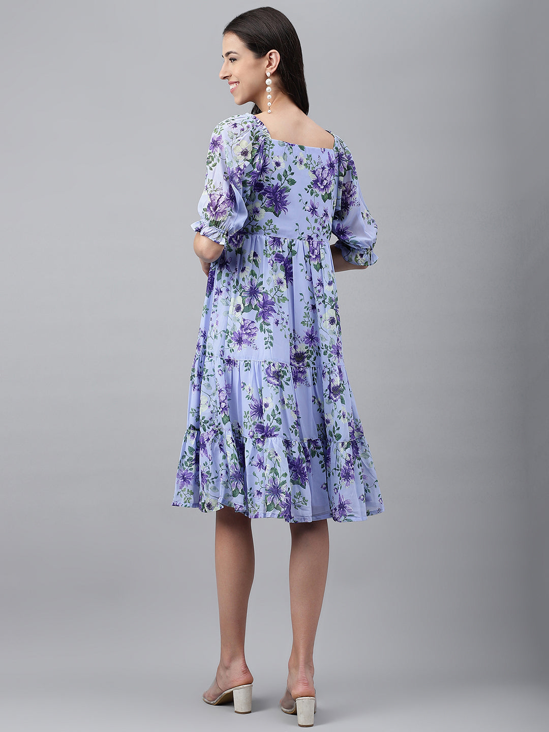 Lavender Georgette Floral Printed Tiered Dress