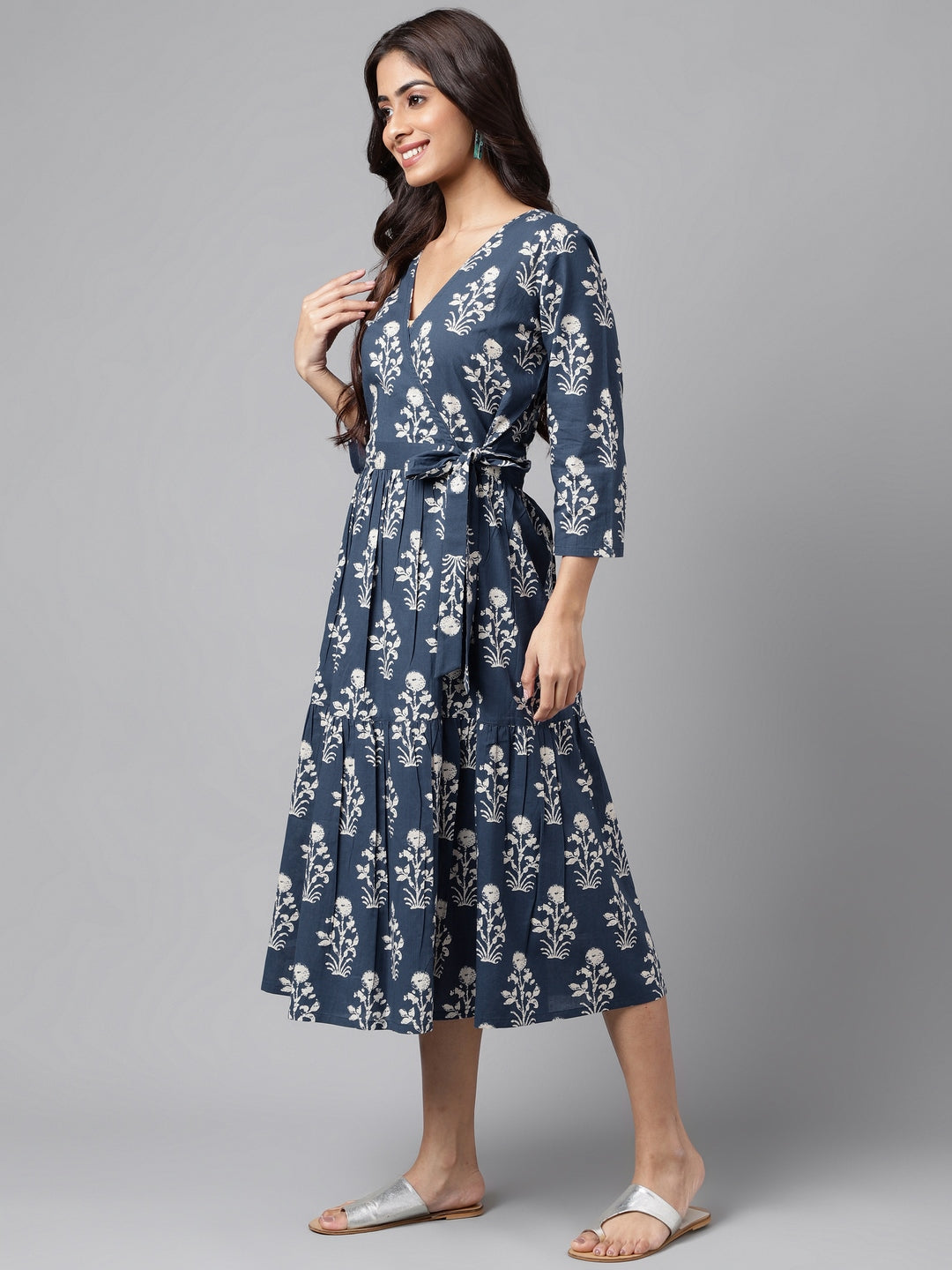 Navy Blue Cotton Floral Printed Wrap Dress