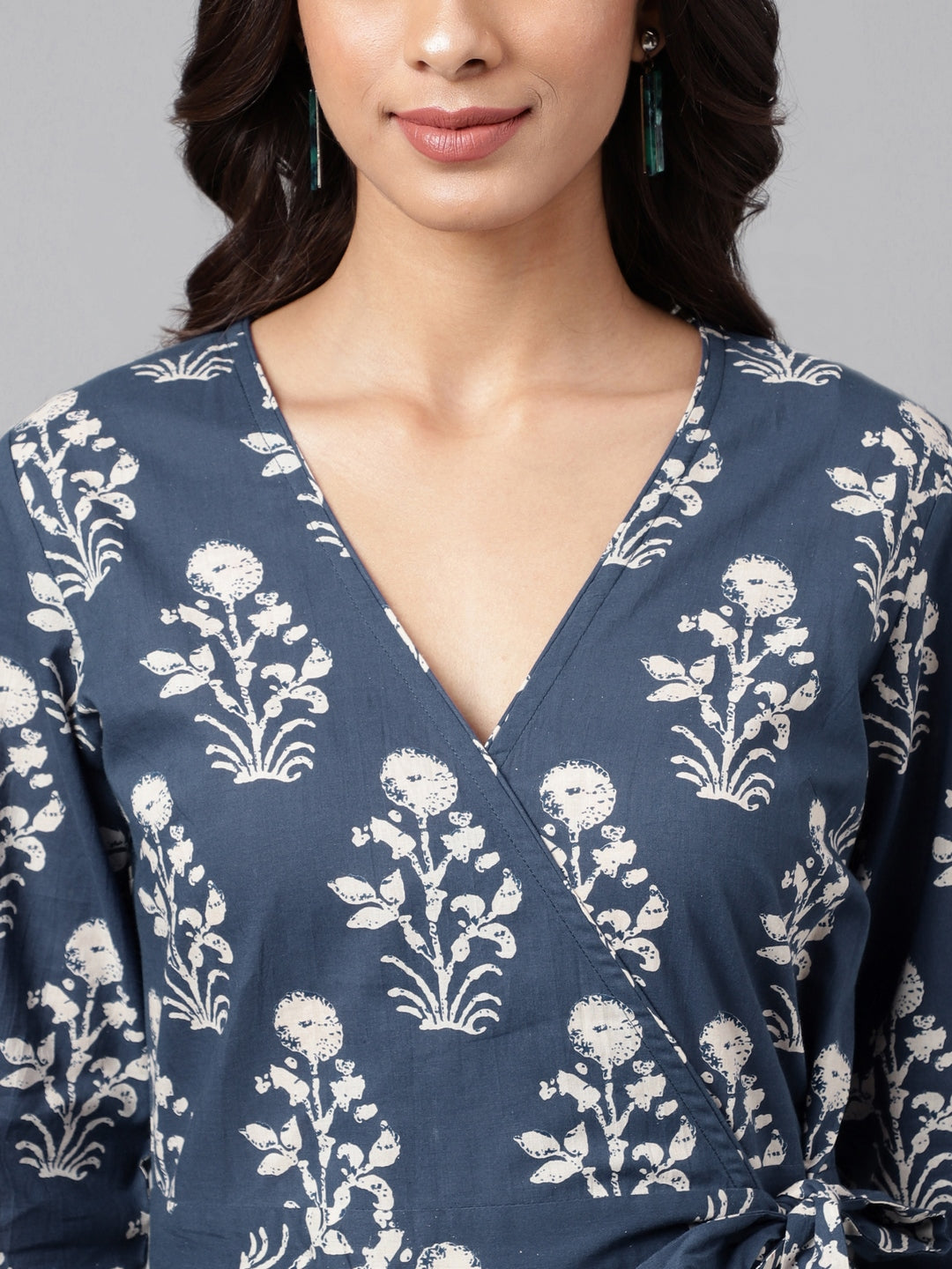 Navy Blue Cotton Floral Printed Wrap Dress