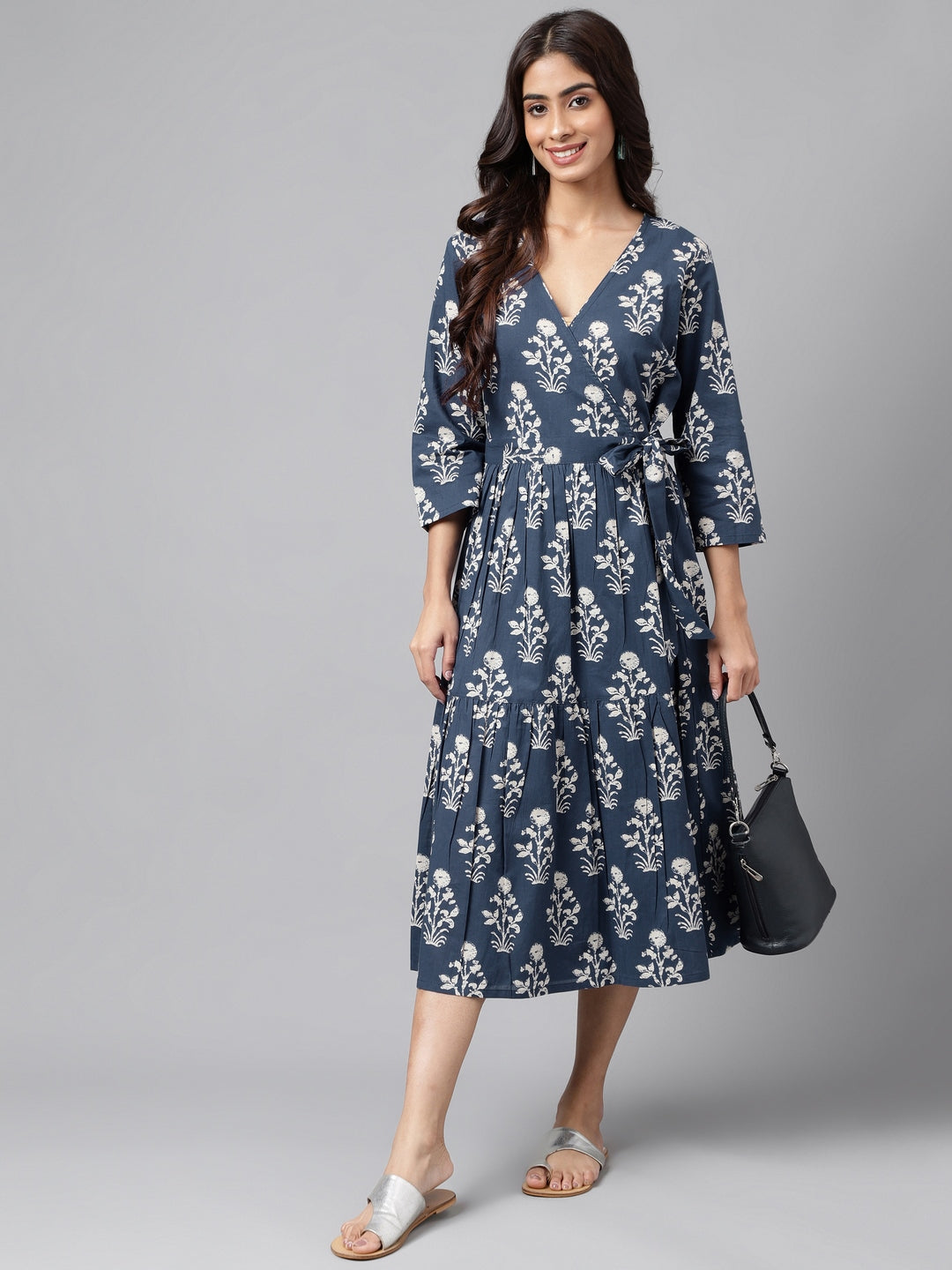 Navy Blue Cotton Floral Printed Wrap Dress