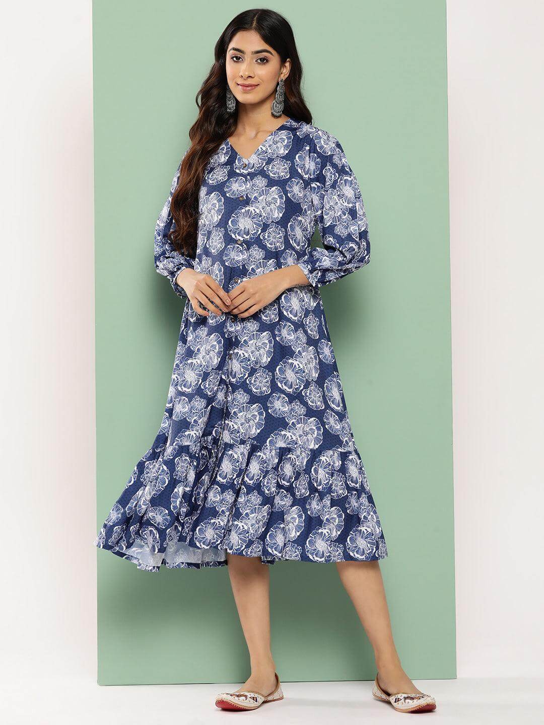 Blue Crepe Digital Floral Printed A-Line Dress