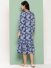 Blue Crepe Digital Floral Printed A-Line Dress