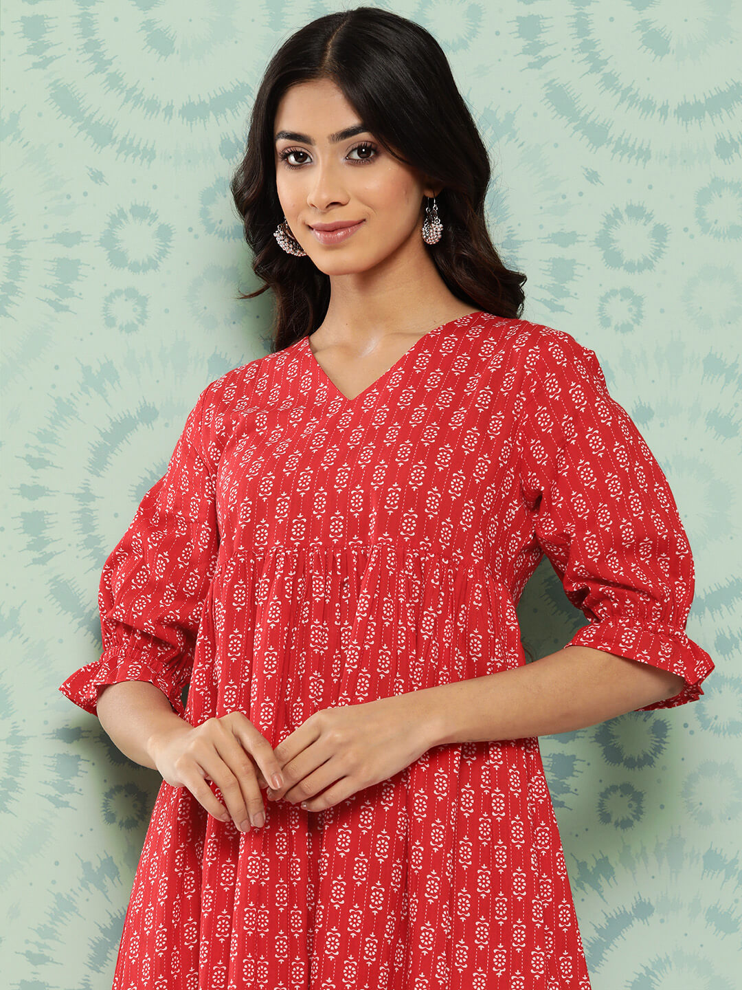 Red Cotton Ethnic Motifs Printed Flared Western Dress