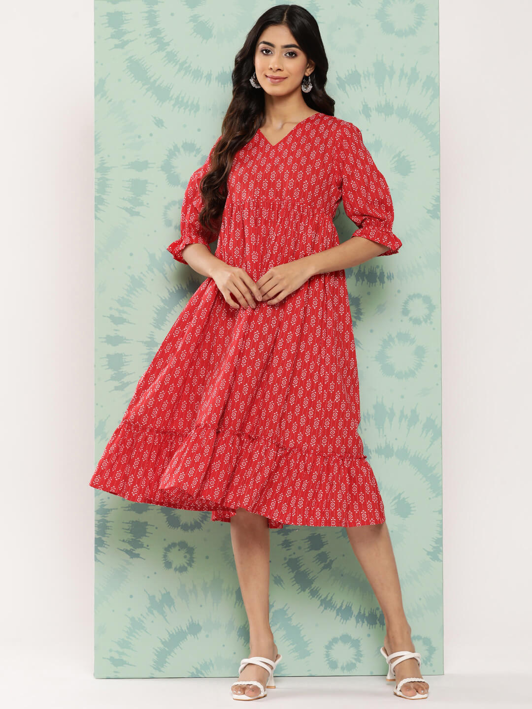 Red Cotton Ethnic Motifs Printed Flared Western Dress