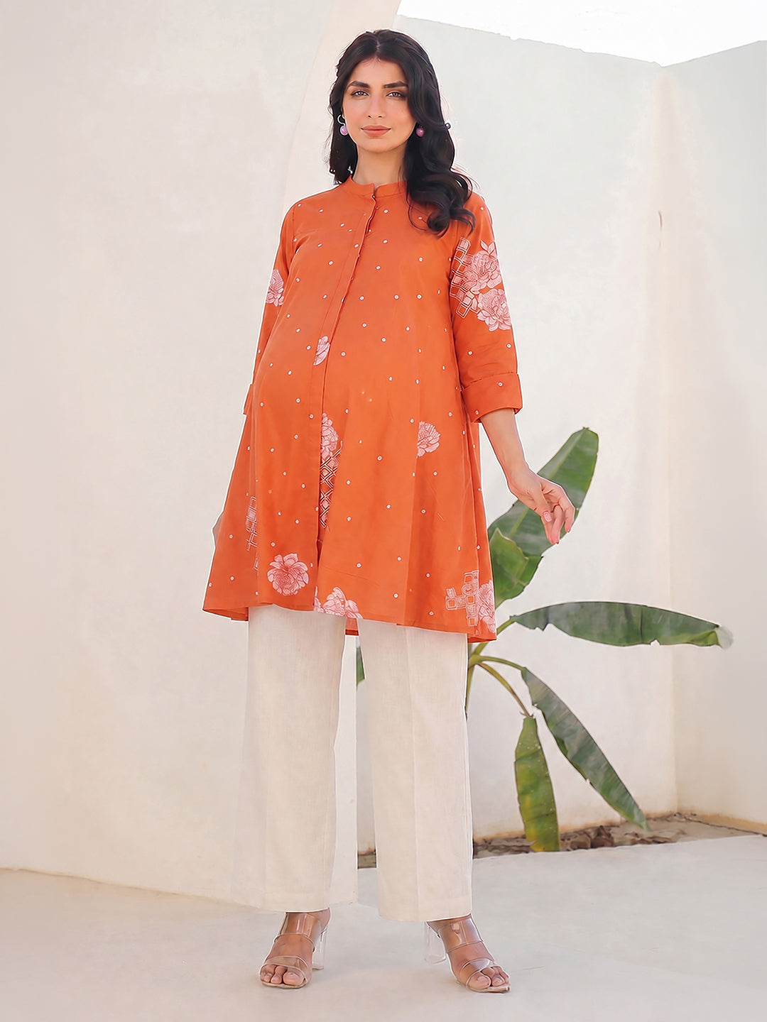 Janasya Women's Maternity Orange Pure Cotton Floral Printed A-Line Tunic