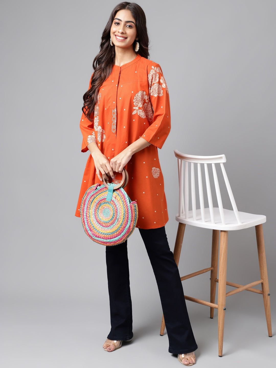 Orange Cotton Floral Printed Flared Tunic