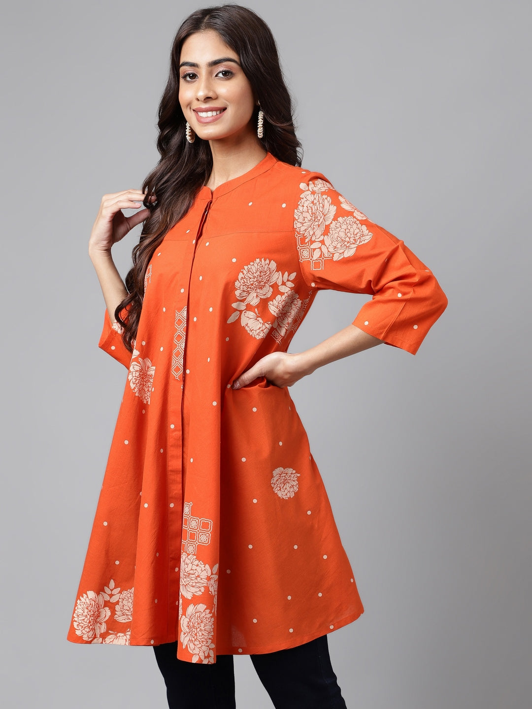 Orange Cotton Floral Printed Flared Tunic