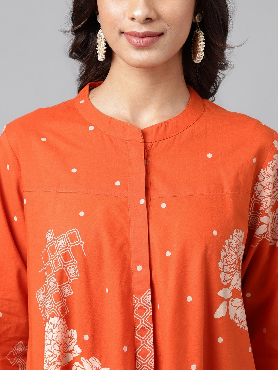 Orange Cotton Floral Printed Flared Tunic