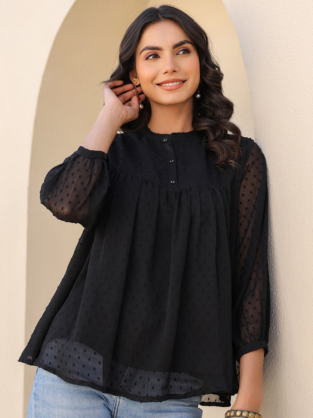 Janasya Women's Black Dobby Chiffon Solid Empire Top