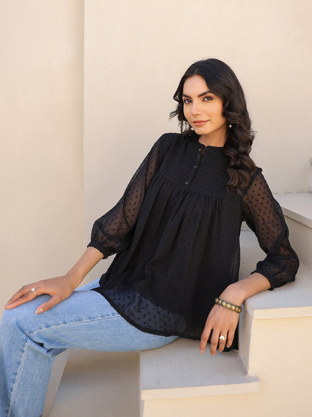 Janasya Women's Black Dobby Chiffon Solid Empire Top