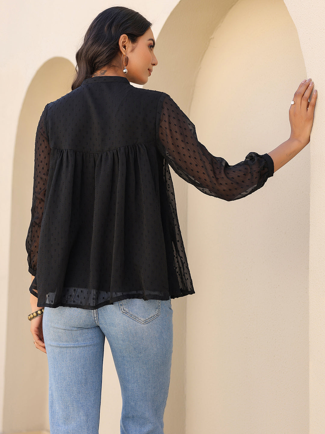 Janasya Women's Black Dobby Chiffon Solid Empire Top
