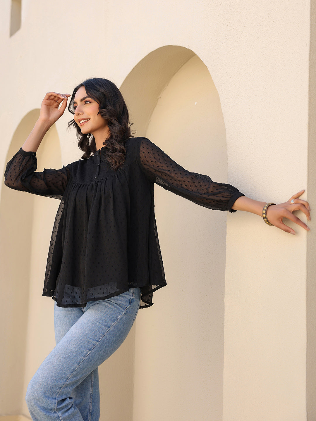 Janasya Women's Black Dobby Chiffon Solid Empire Top