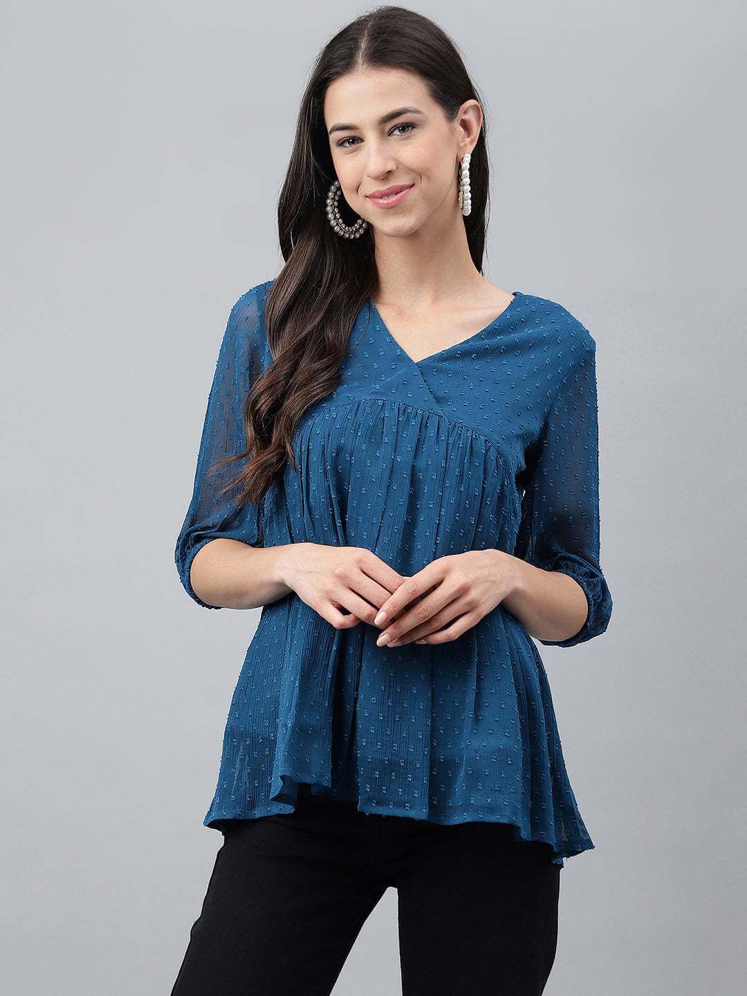 Teal Blue Dobby Chiffon Solid Empire Top