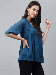 Teal Blue Dobby Chiffon Solid Empire Top